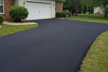 Freshly paved black asphalt driveway leading to a residential garage, with a worker finishing the surface in a green lawn area, showcasing concrete services in Greensboro, NC.