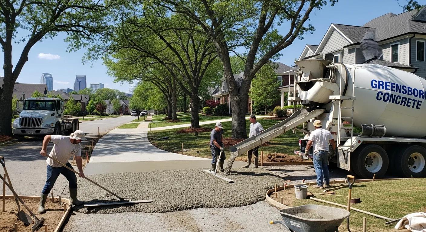 Concrete workers pouring and smoothing fresh concrete on a residential driveway in Greensboro, NC, with a concrete mixer truck labeled "Greensboro Concrete" in the background.