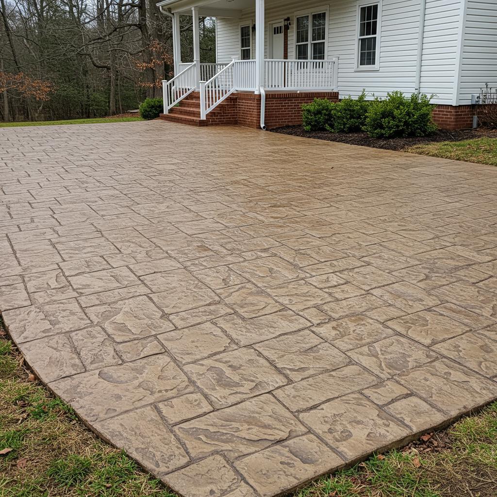 Decorative stamped concrete driveway with textured patterns, leading to a white house with a front porch, showcasing residential concrete solutions in Greensboro, NC.