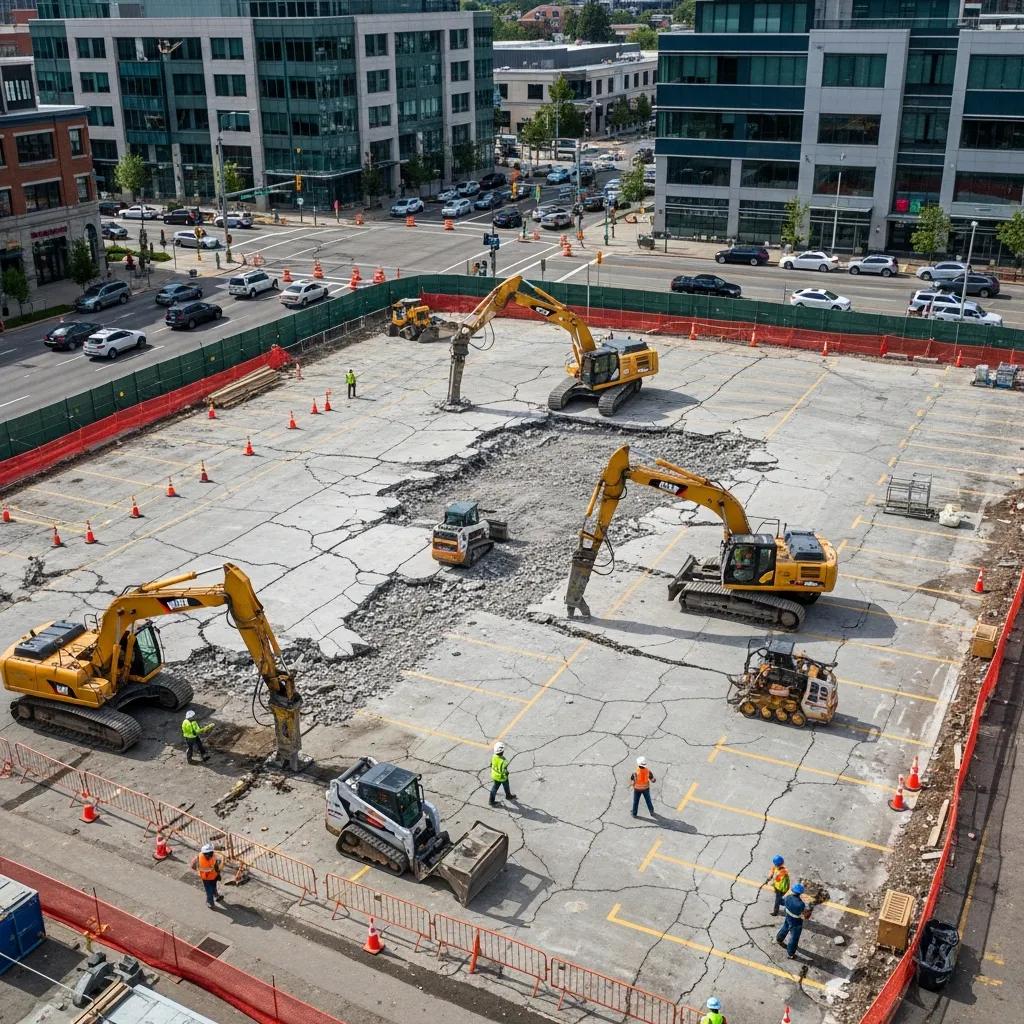 Aerial view of a commercial concrete demolition site with heavy machinery in action