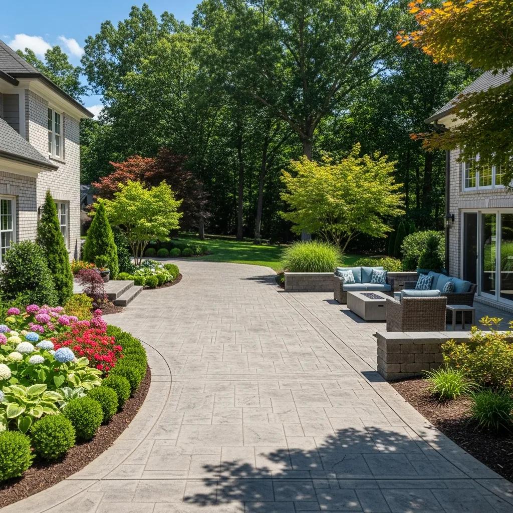 Beautifully designed concrete patio and driveway in Hamilton Lakes, surrounded by vibrant landscaping and outdoor seating, showcasing residential outdoor space enhancements.