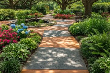 Beautiful concrete walkway surrounded by vibrant flowers and lush greenery in a Greensboro garden, showcasing safe and aesthetic appeal for outdoor spaces.