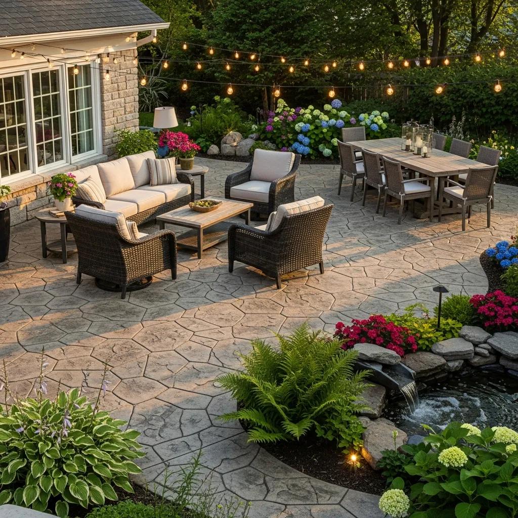 Beautifully designed stamped concrete patio in a landscaped backyard