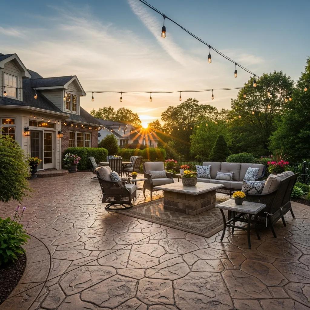 Beautifully stamped concrete patio in Greensboro, NC, featuring intricate patterns, vibrant colors, outdoor seating, and sunset ambiance.