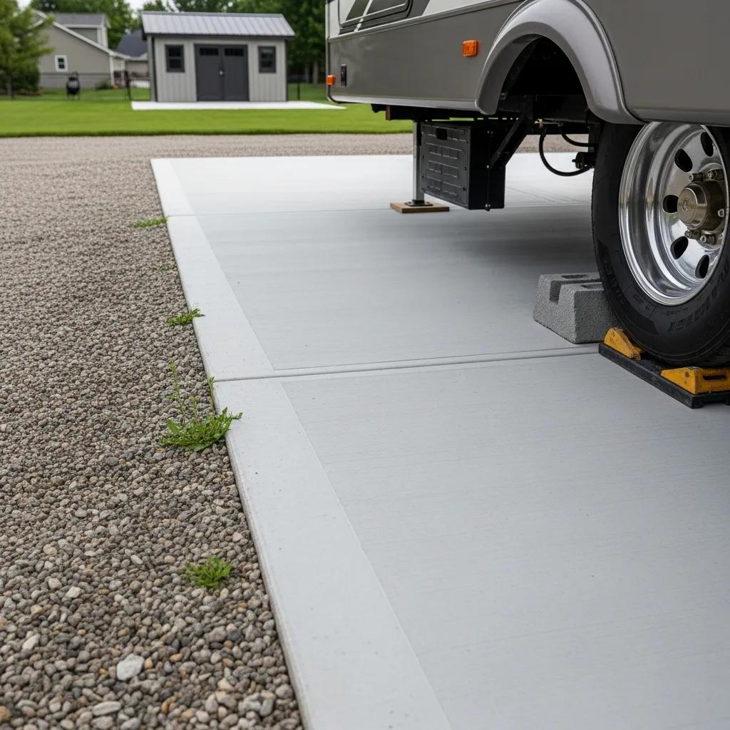 Close-up of a concrete RV pad highlighting its smooth surface and structural integrity compared to a gravel surface