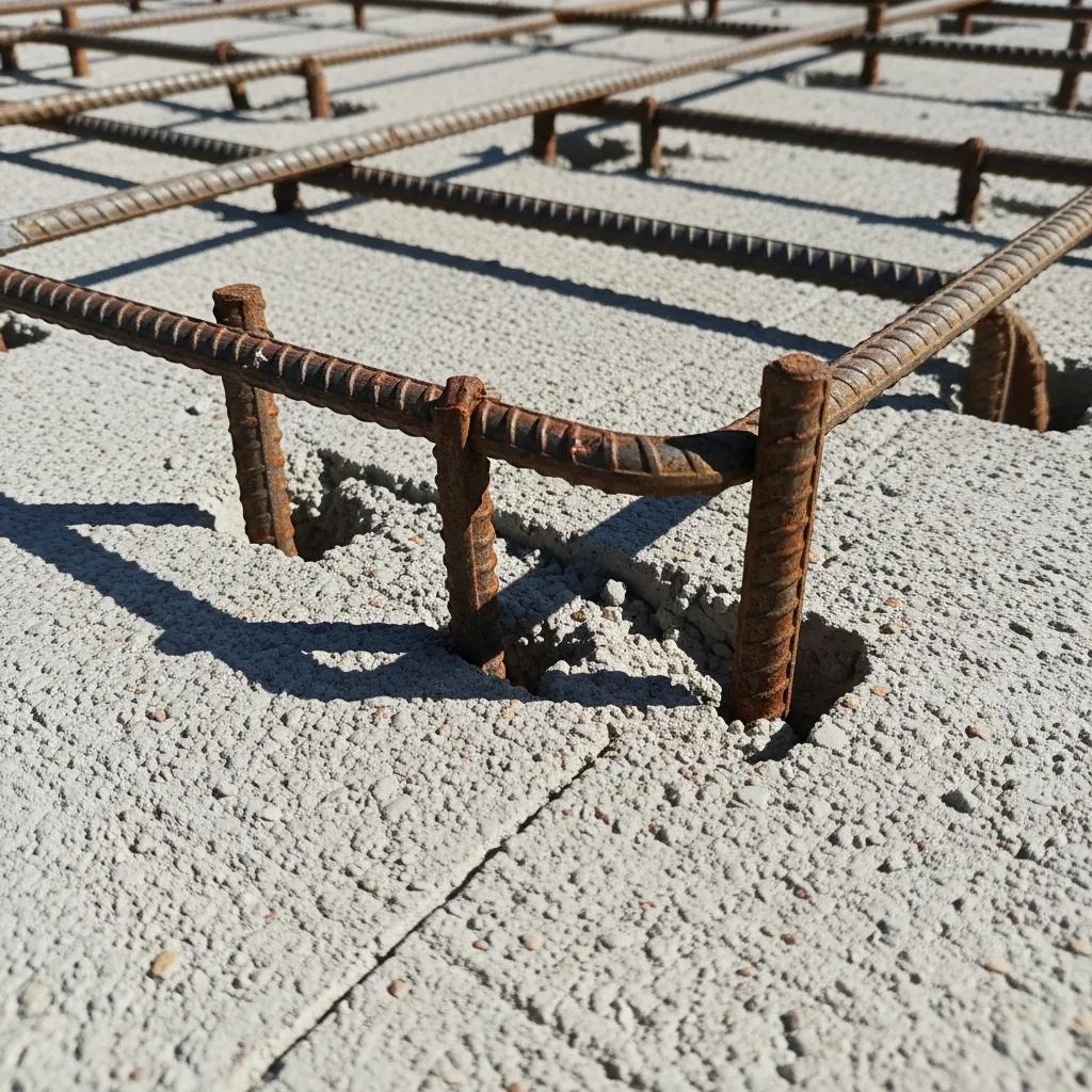 Close-up of a concrete slab with exposed reinforcement bars, highlighting durability and structural integrity for concrete foundation projects in Greensboro.