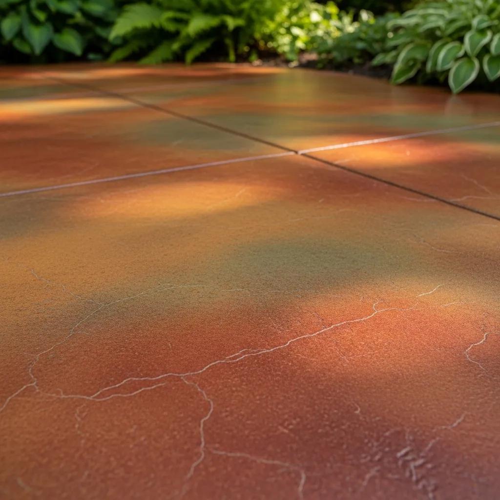 Close-up of a stained concrete patio showcasing rich earth tones and textures, enhancing outdoor aesthetics and complementing landscaping in Sedgefield homes.