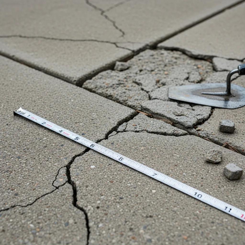 Close-up of cracked concrete patio with measuring tape and trowel, highlighting common repair issues such as spalling and uneven surfaces in Greensboro, NC.