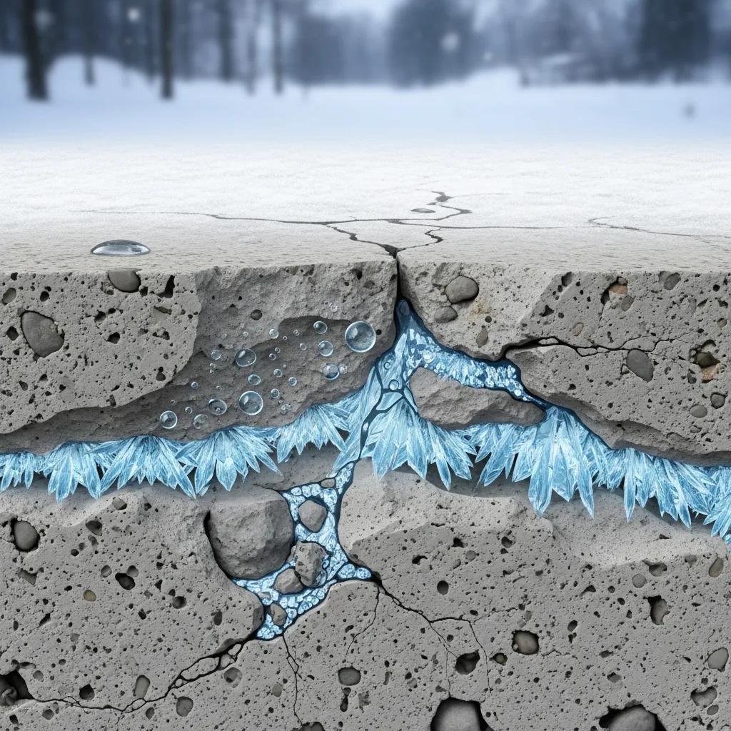Close-up of concrete surface showing freeze-thaw damage with scaling and microcracks