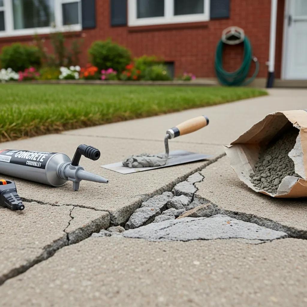 Close-up of cracked concrete sidewalk with repair tools including a caulk tube, trowel, and bag of concrete mix, set in a residential environment.
