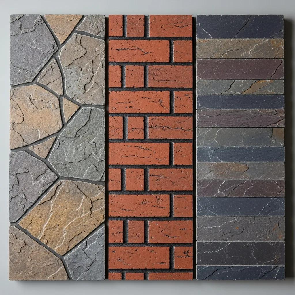 Close-up of decorative concrete patterns including flagstone, brick, and slate