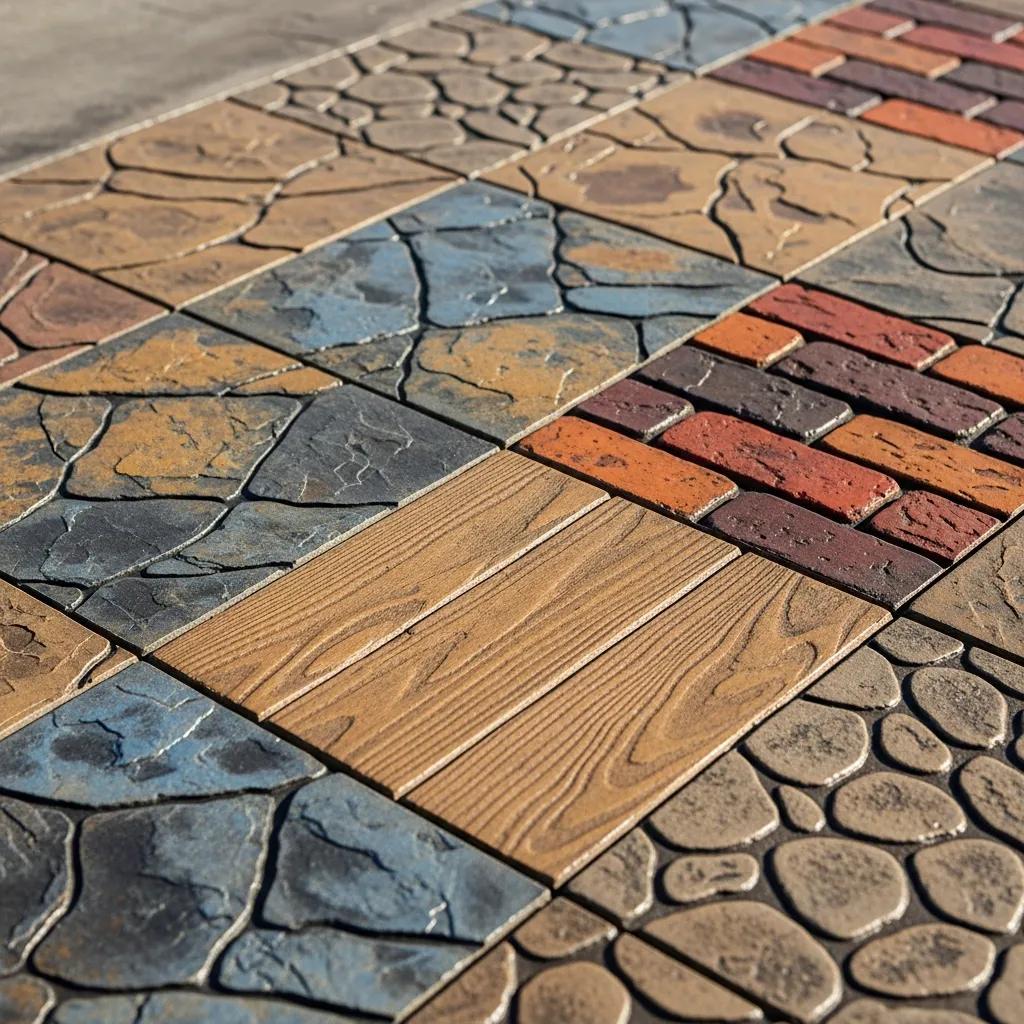 Close-up of popular stamped concrete patterns mimicking natural materials like stone and brick