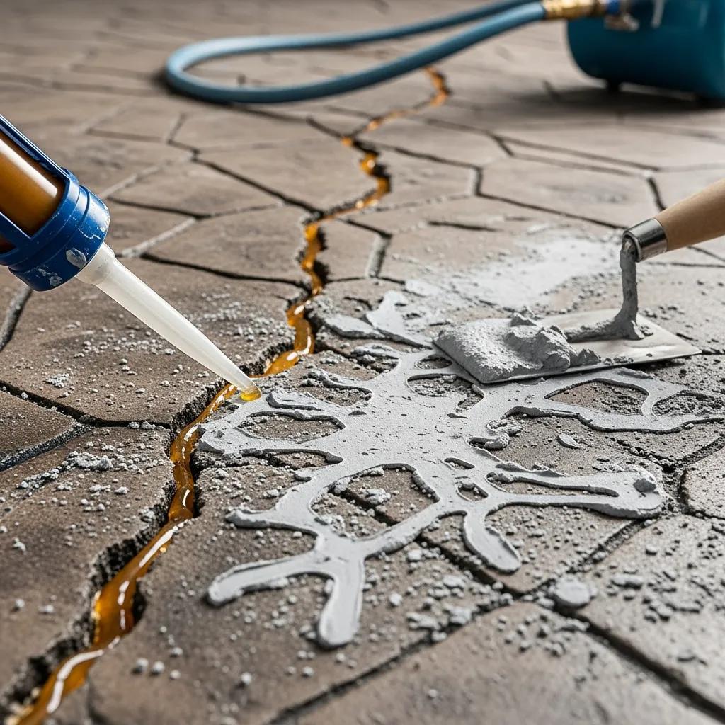 Close-up of stamped concrete with visible cracks and repair tools, illustrating the crack repair process