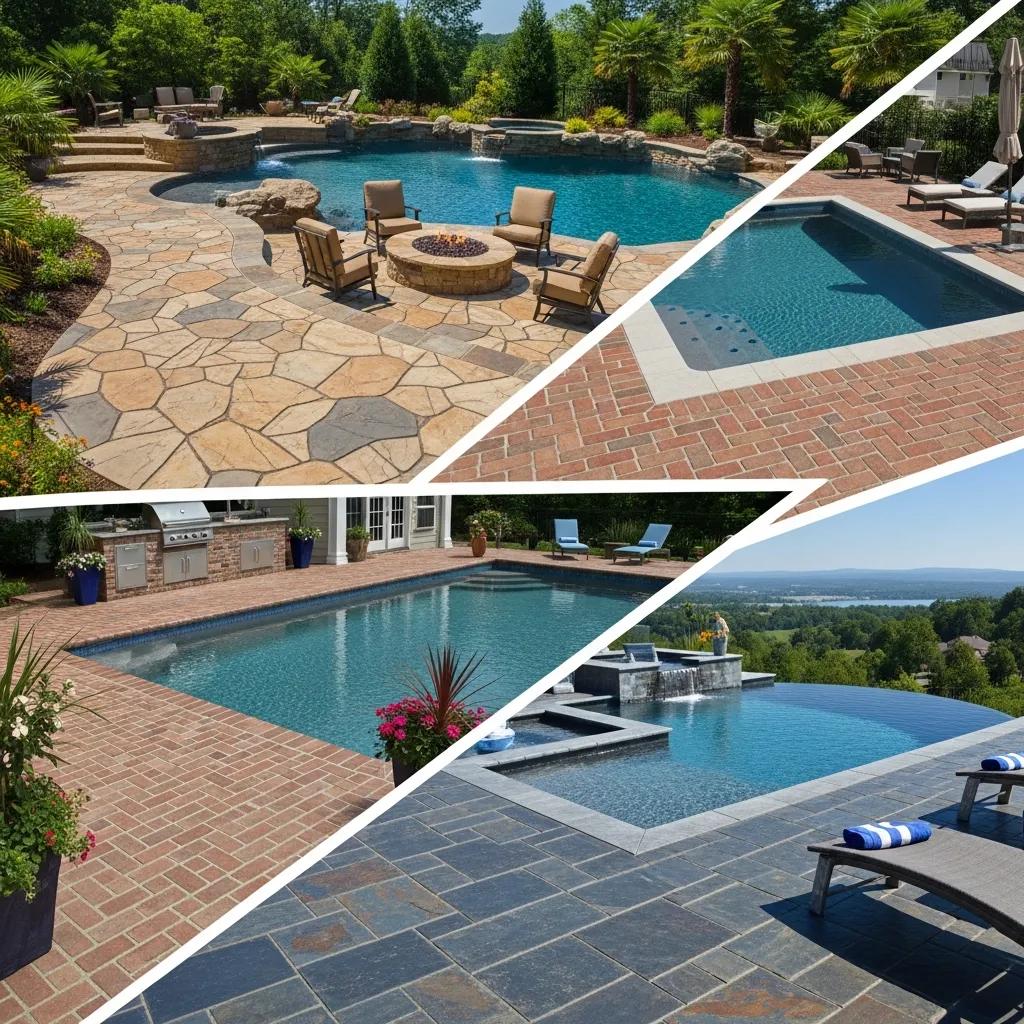 Collage of decorative concrete pool deck designs including flagstone, brick, and slate patterns