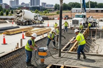 Commercial concrete construction site in Greensboro, NC with workers pouring concrete and machinery