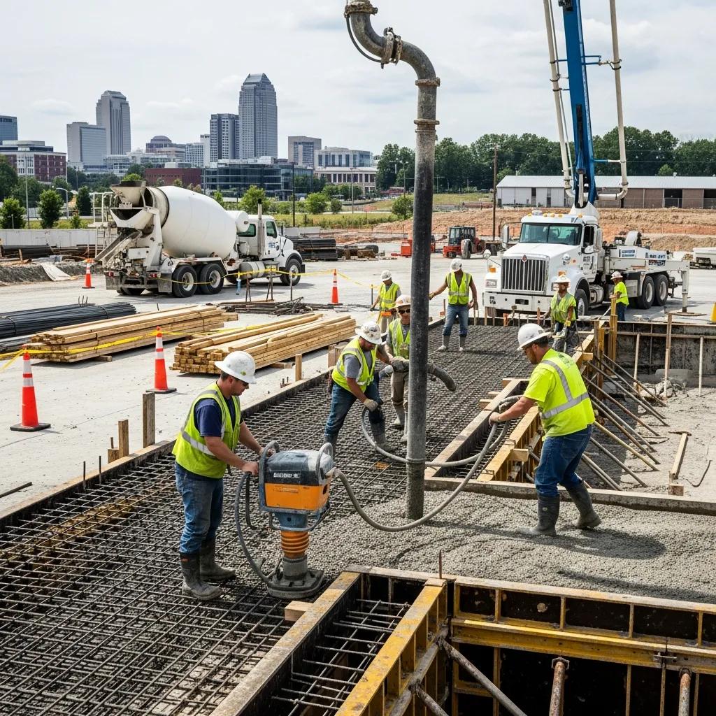 Commercial concrete construction site in Greensboro, NC, with workers pouring concrete, operating machinery, and preparing infrastructure for commercial projects.