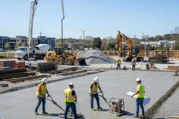 Commercial concrete construction site in Greensboro with contractors and machinery