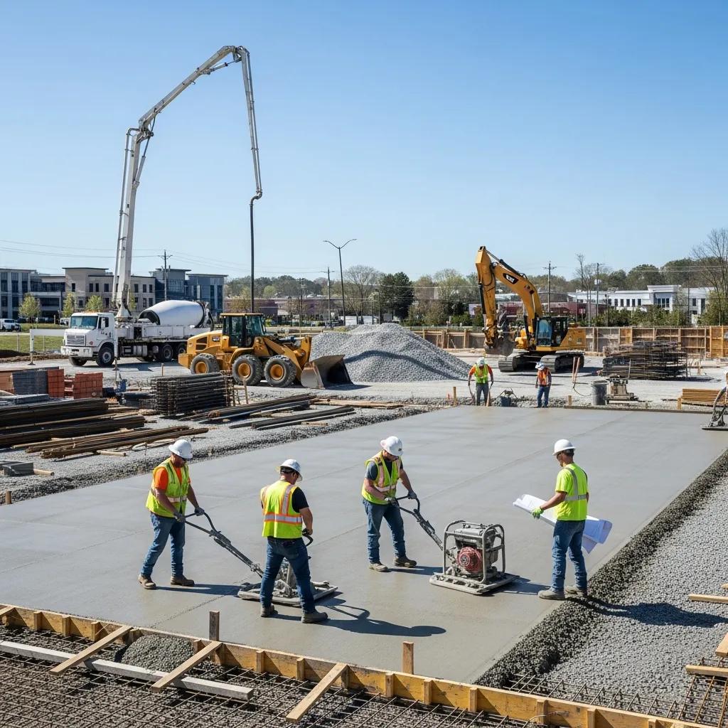 Commercial concrete construction site in Greensboro with contractors operating machinery, pouring concrete, and preparing surfaces for business infrastructure development.