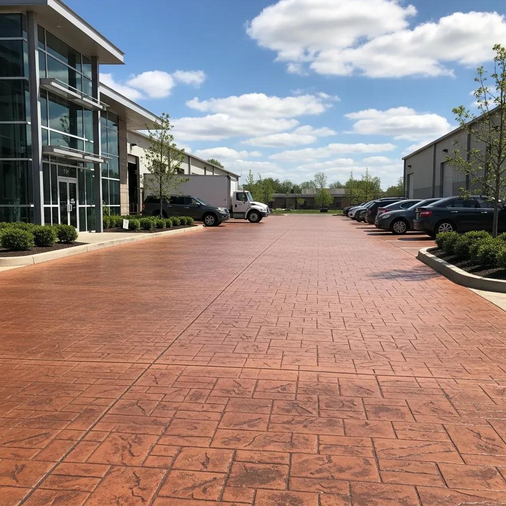 Commercial driveway featuring large-scale stamped concrete with a brick pattern, designed for durability and functionality, surrounded by vehicles and modern buildings under a clear blue sky.