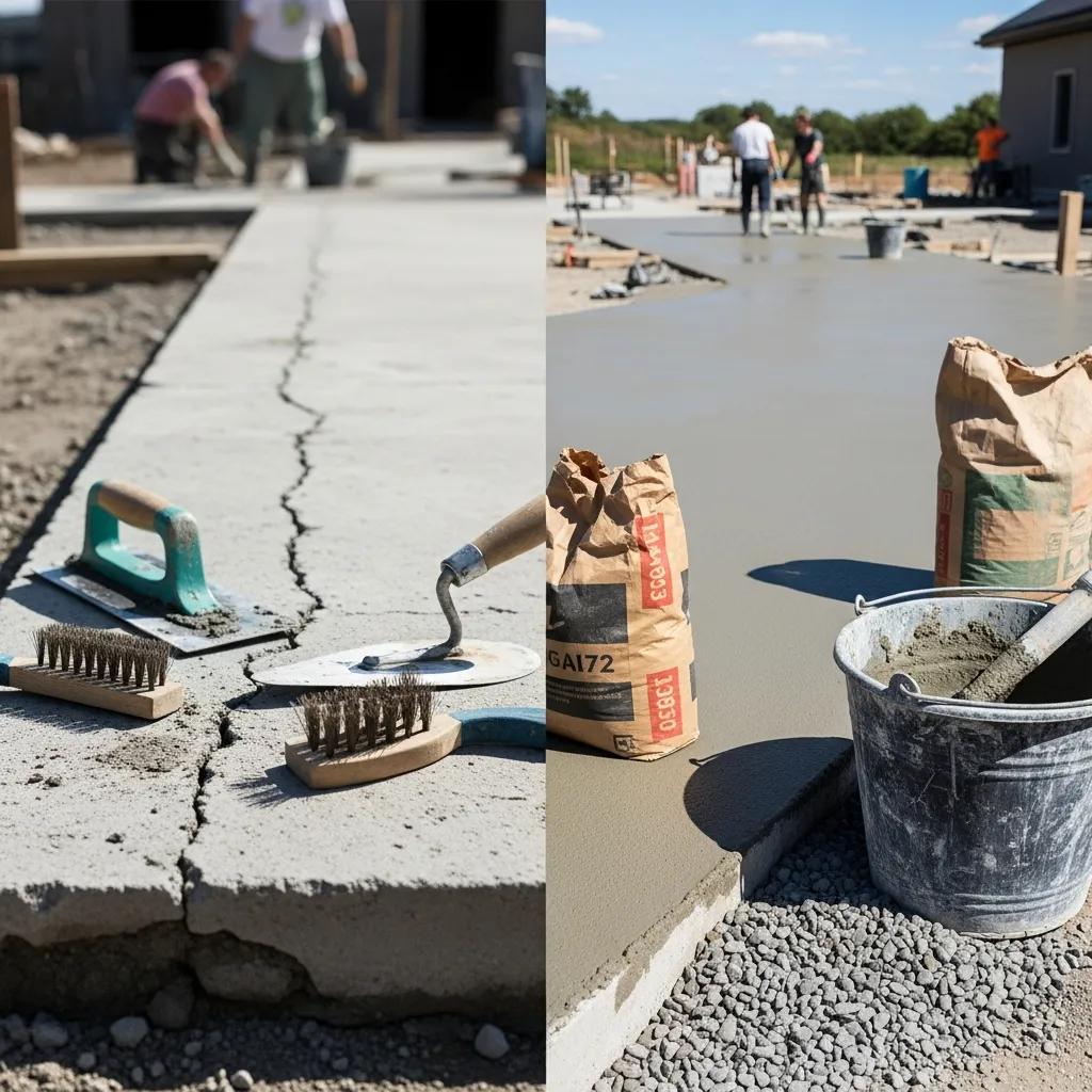 Comparison of cracked concrete needing repair versus newly poured concrete for replacement