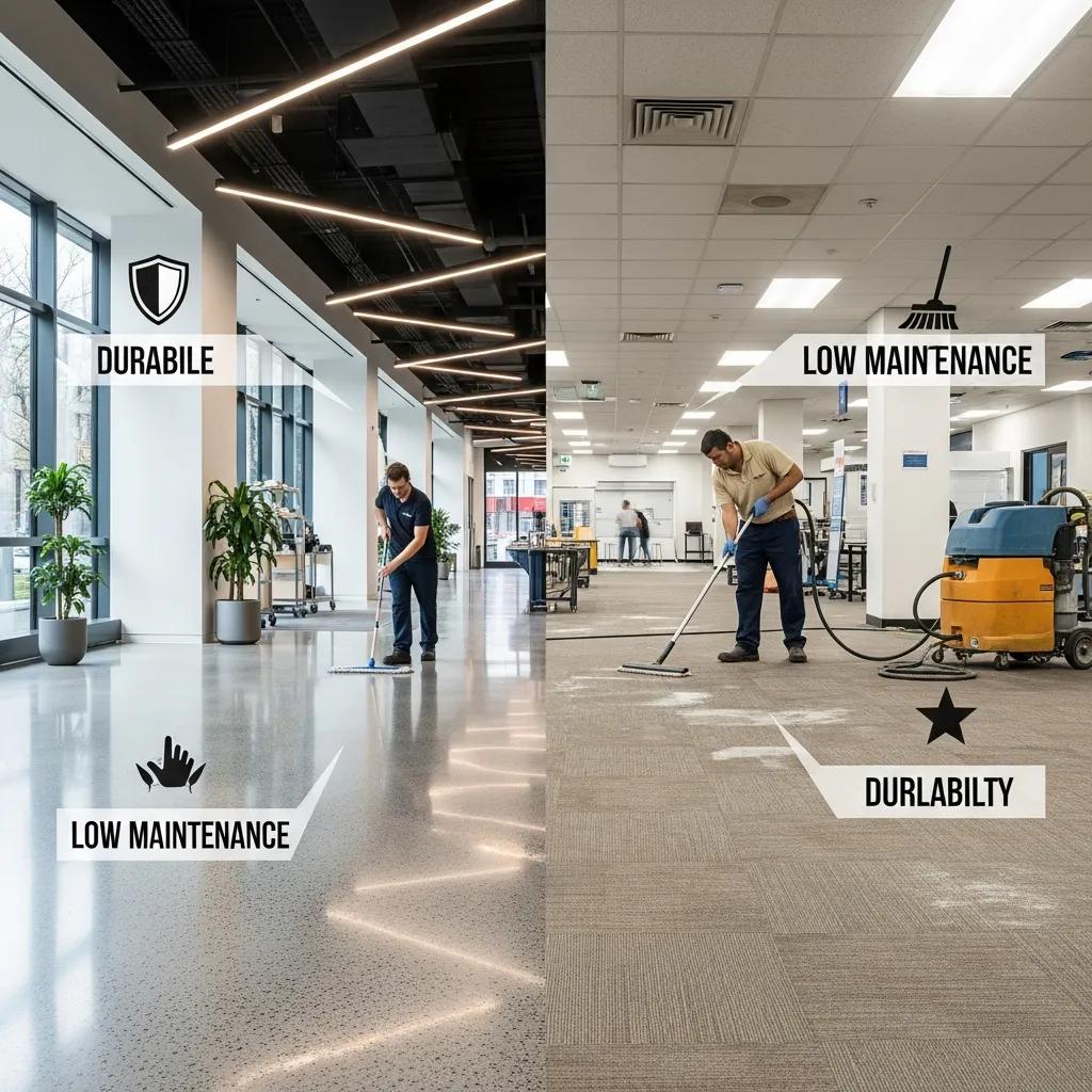 Comparison of polished concrete floor and traditional flooring highlighting durability and maintenance benefits