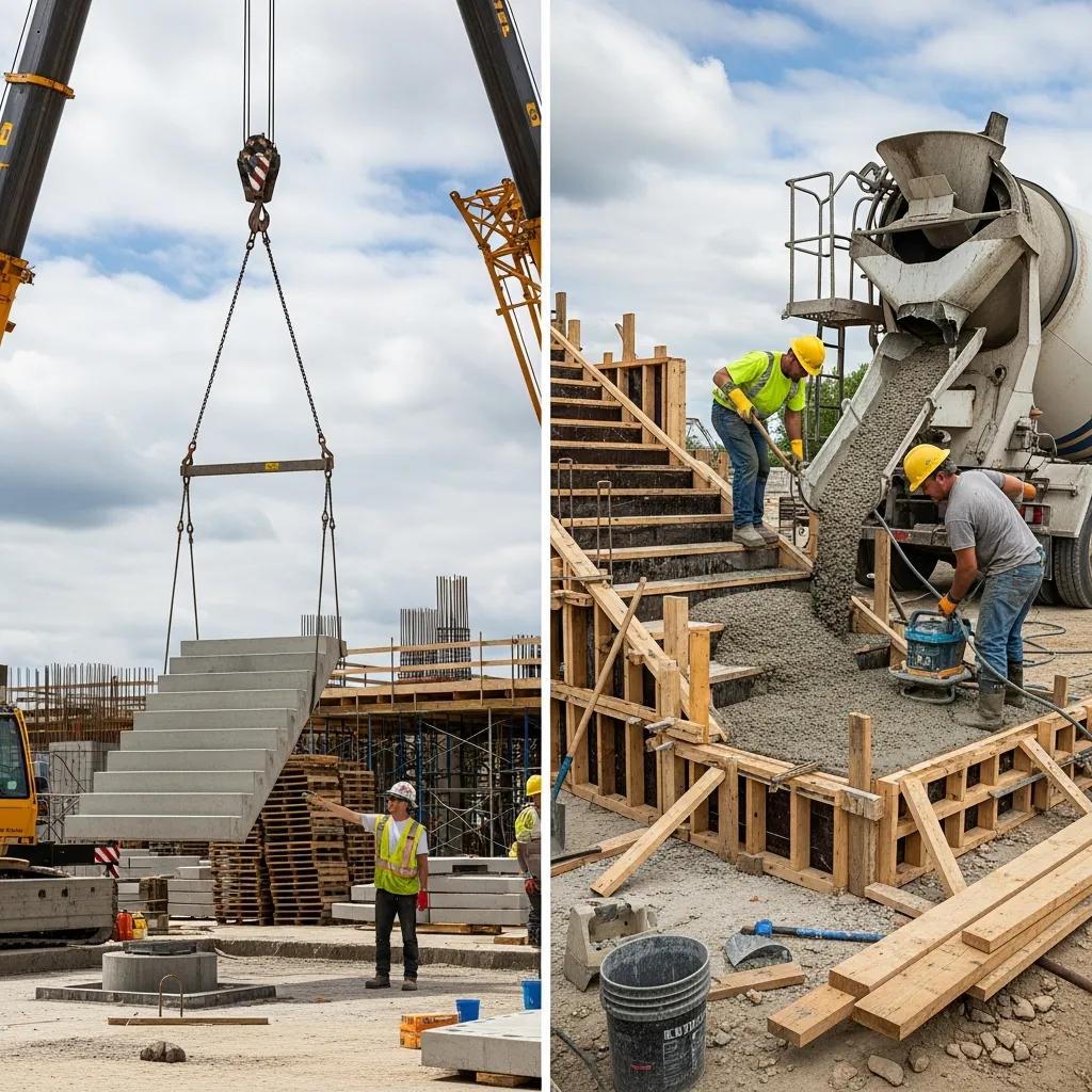 Precast concrete steps being lifted by a crane on the left, and workers pouring poured-in-place concrete into forms for steps on the right, illustrating installation methods for concrete steps.