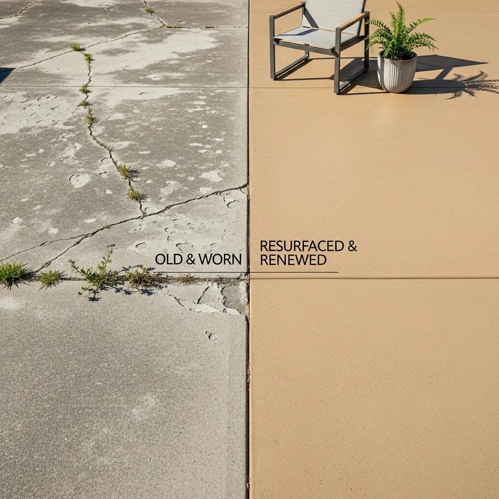 Comparison of worn-out concrete patio and newly resurfaced patio showcasing cost-effectiveness