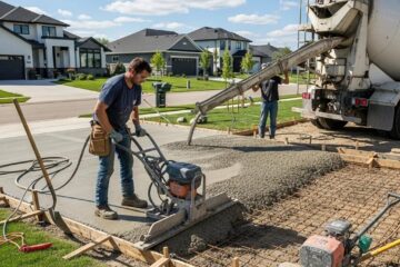 Concrete contractor pouring concrete for a driveway installation in a residential area