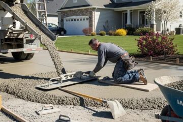 Concrete contractor pouring driveway in residential area, showcasing durability and versatility