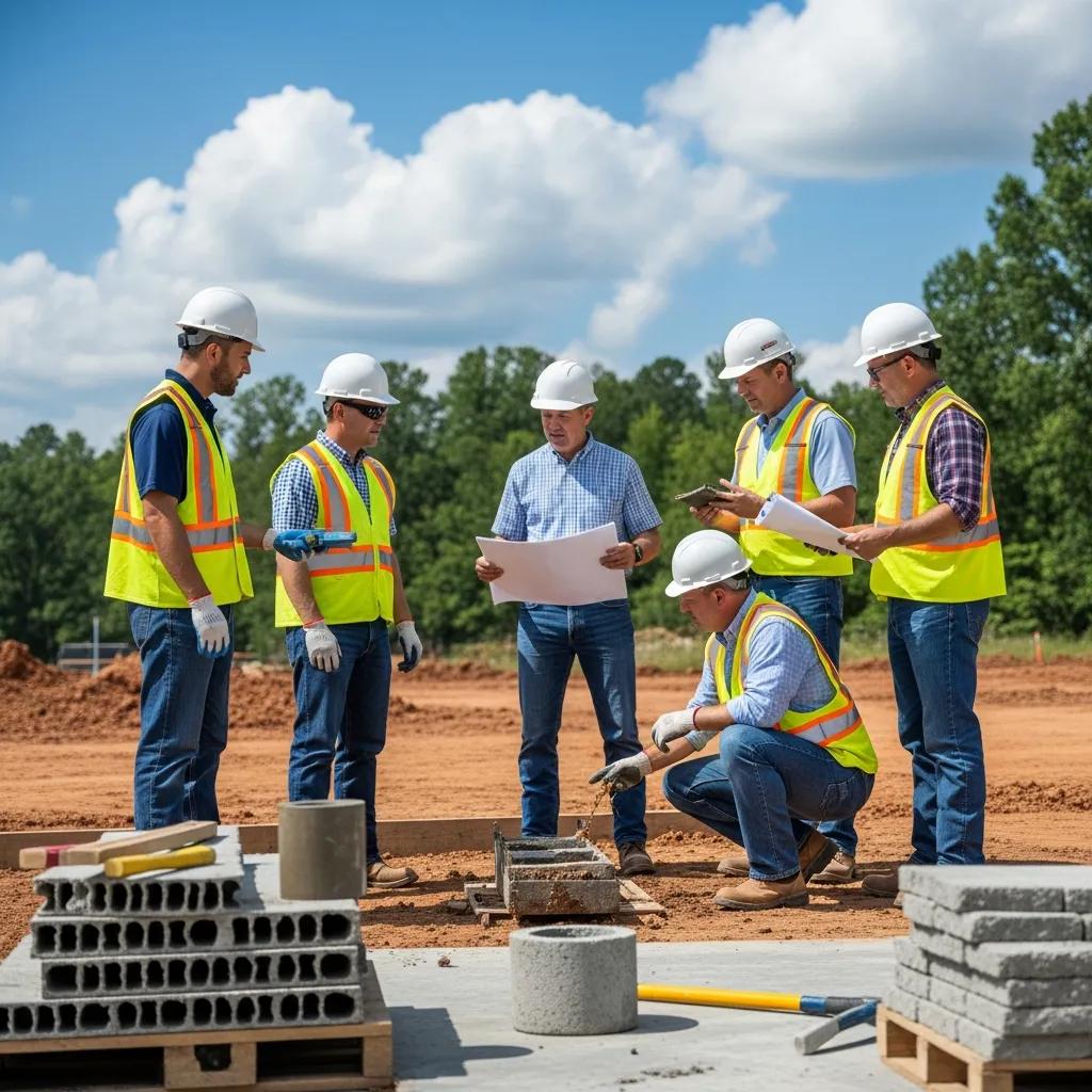 Concrete contractors discussing project plans and local soil conditions on-site in Greensboro