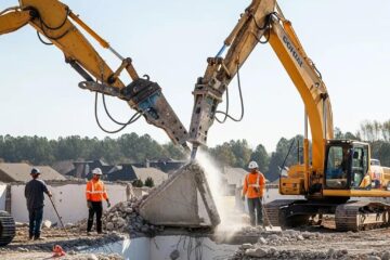 Concrete demolition crew using heavy machinery in a residential area of Greensboro, NC