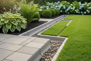 Concrete drainage system with landscaped areas, featuring grass, decorative stones, and ornamental plants for effective stormwater management in residential settings.