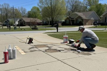Professional applying sealant to cracks in concrete driveway during repair process in Greensboro, NC.