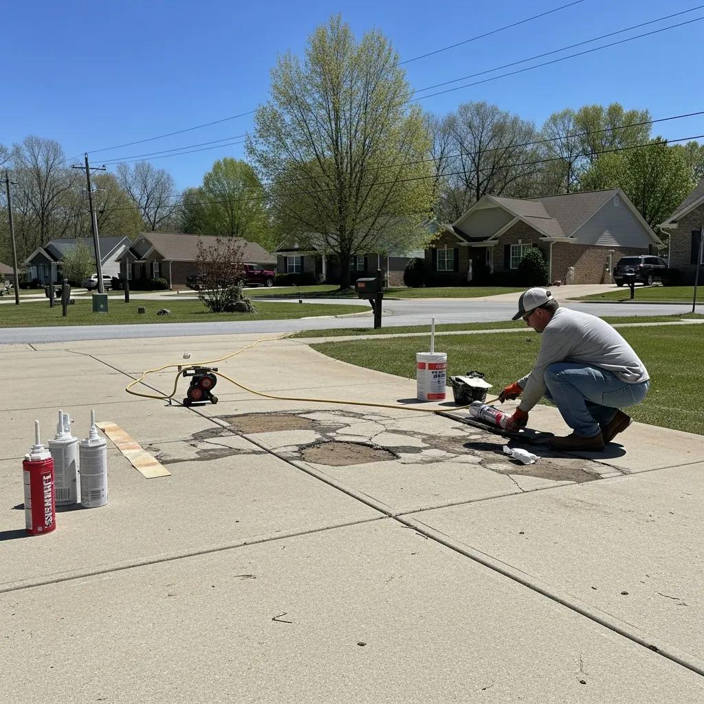 Professional applying sealant to cracks in a concrete driveway during repair in Greensboro, NC, with tools and materials visible, including sealant and a concrete mixer.