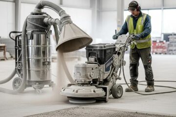 Concrete grinding machine in action, showcasing professional surface preparation techniques