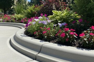 Concrete landscape curbing with vibrant flowers and plants, enhancing garden appeal in Greensboro, NC.