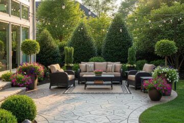 Concrete patio in Friendly Center, Greensboro, showcasing stamped design and outdoor living space