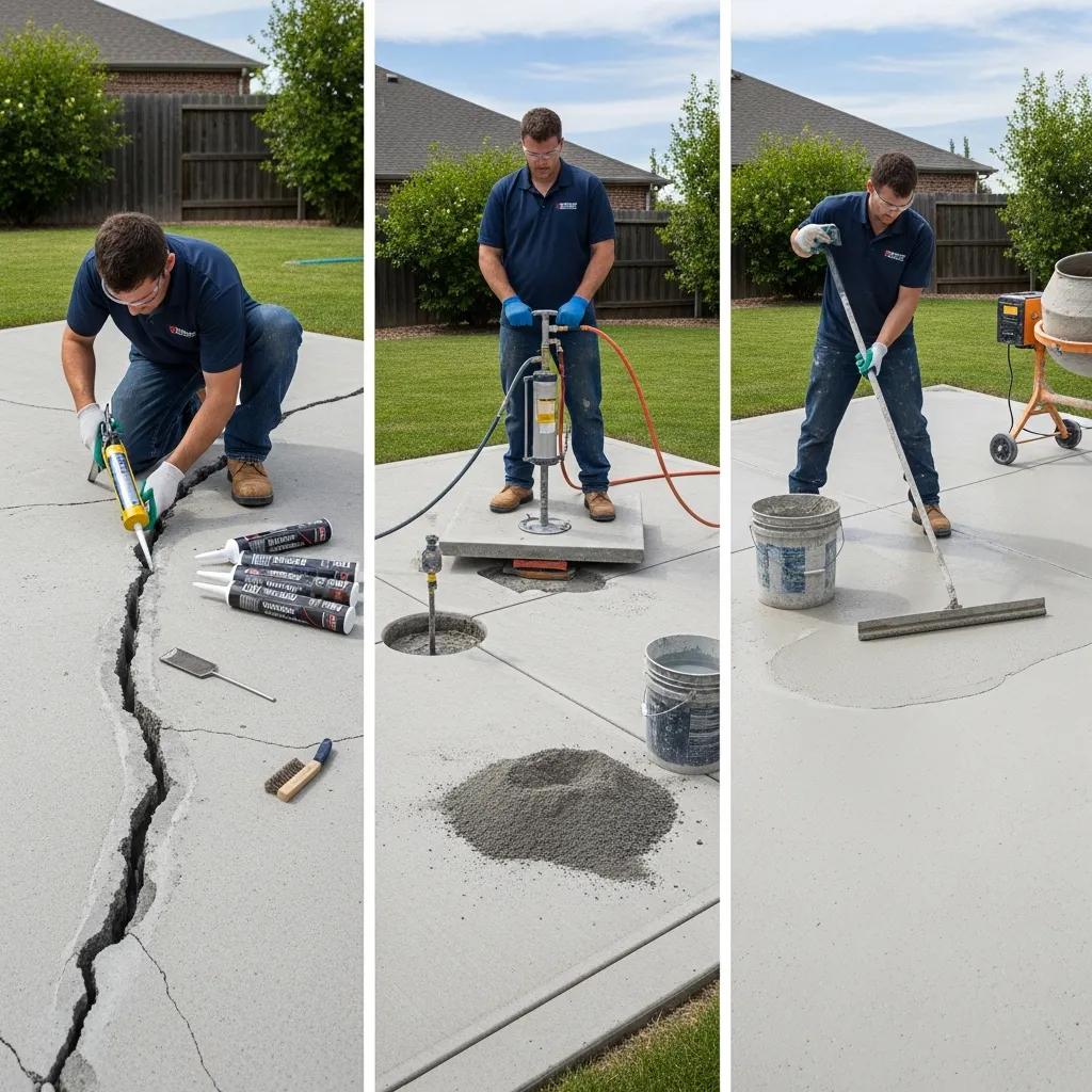 Concrete patio repair methods in action, showcasing a professional sealing cracks, performing slab leveling with foam injection, and resurfacing a concrete surface, emphasizing techniques for Greensboro homeowners.