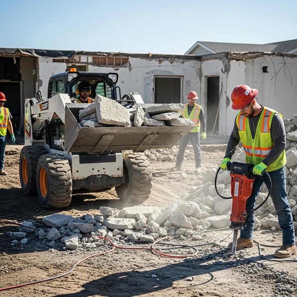 Demolition team using hydraulic tools and safety measures during concrete removal