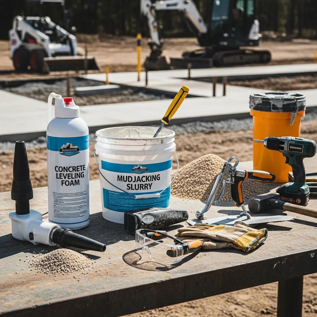 Concrete repair materials and tools for leveling, illustrating cost factors and methods in Greensboro