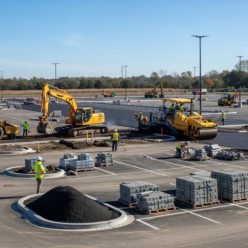 Construction of a commercial parking lot with workers and machinery