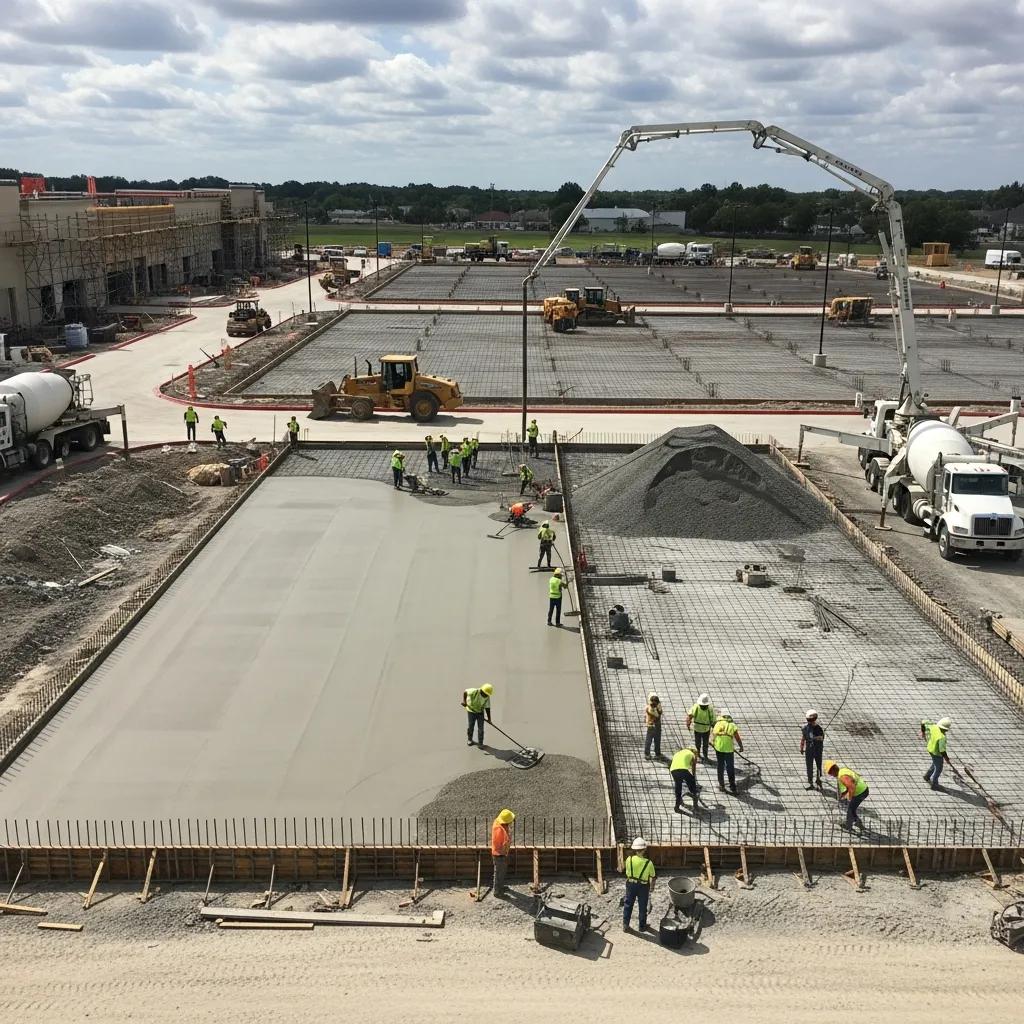 Construction of a concrete parking lot for a commercial property, showcasing commercial concrete solutions