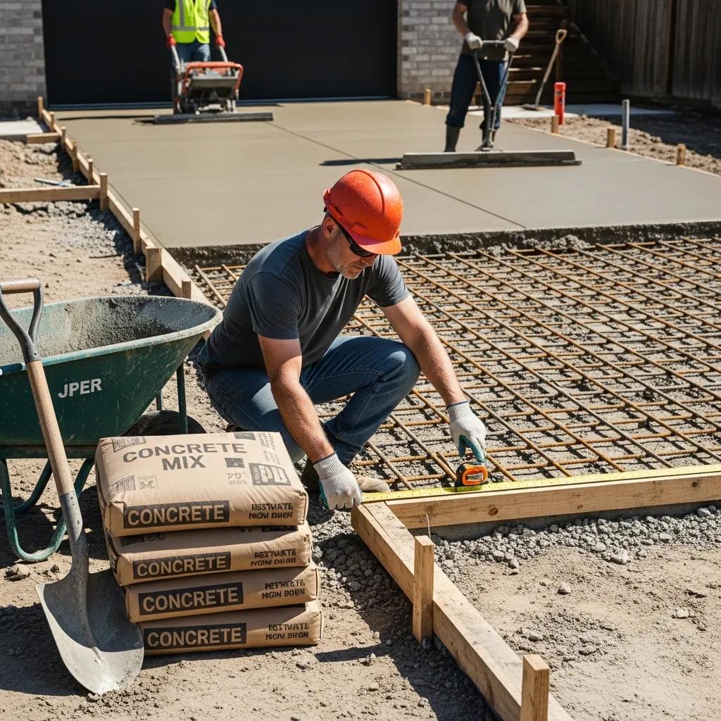 Construction worker assessing factors affecting concrete driveway prices with tools and materials