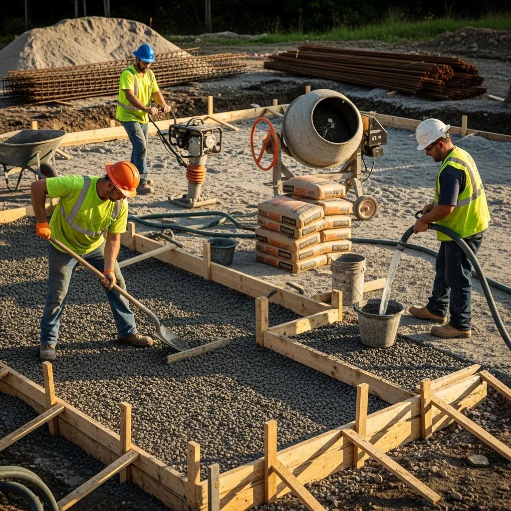 Construction workers preparing a concrete patio, showcasing installation factors