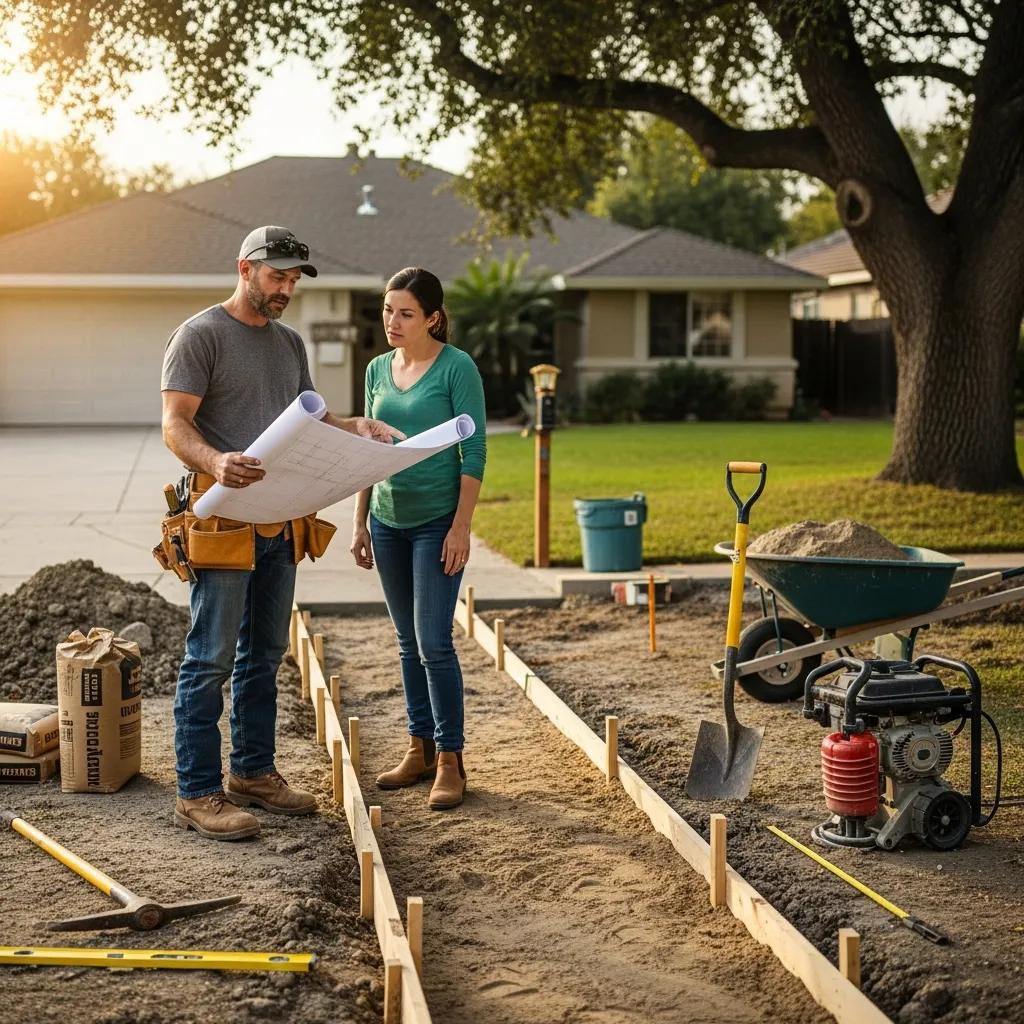 Contractor and homeowner discussing concrete sidewalk installation plans at a residential site, with tools and materials visible in the foreground.