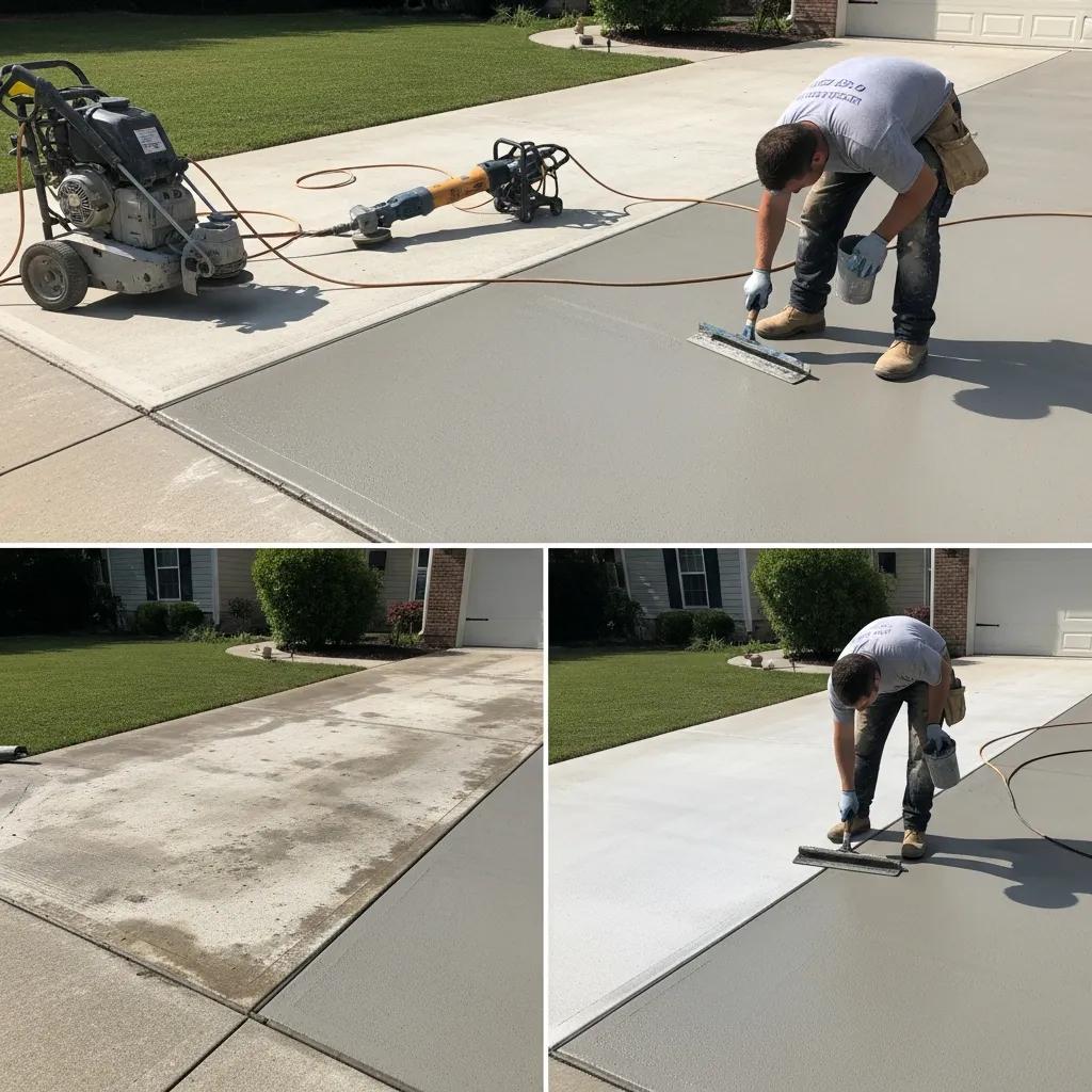 Contractor applying bonding slurry during the concrete driveway resurfacing process