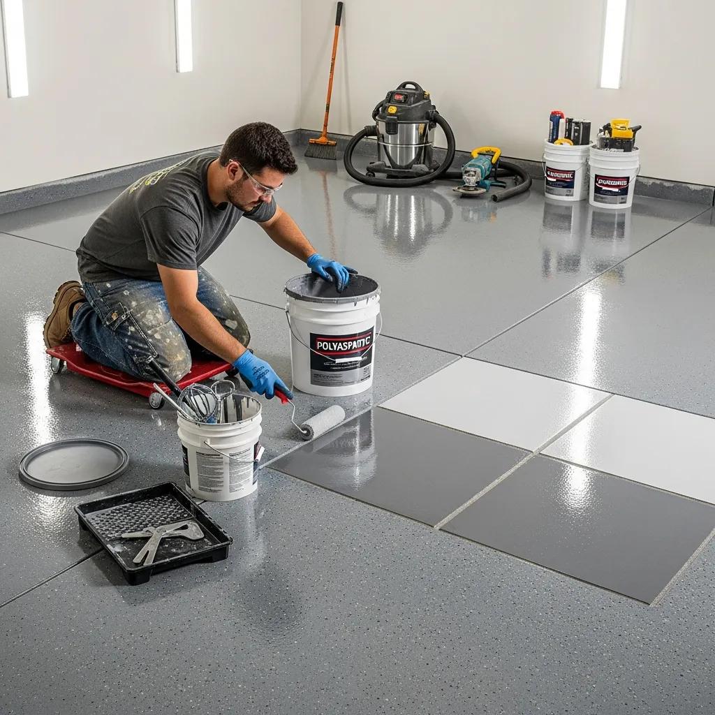 Contractor applying epoxy and polyaspartic coatings on a concrete garage floor, highlighting durability and protective qualities