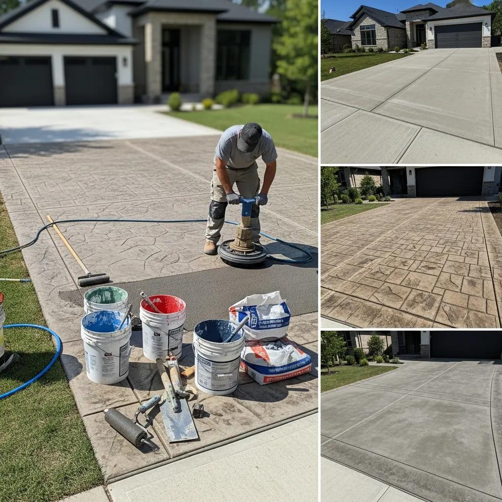 Contractor applying stamped overlay technique on driveway, illustrating best resurfacing practices