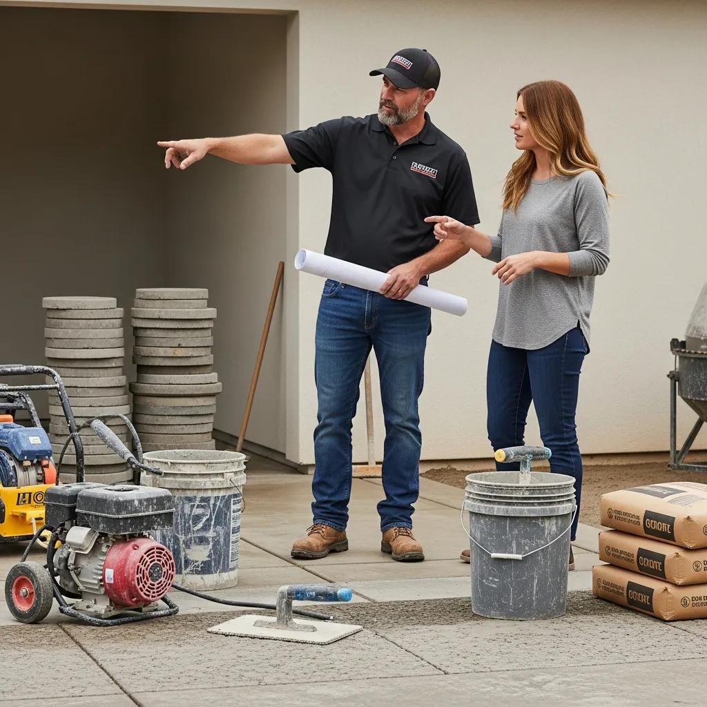 Contractor consulting with homeowner about concrete resurfacing project, emphasizing contractor selection process