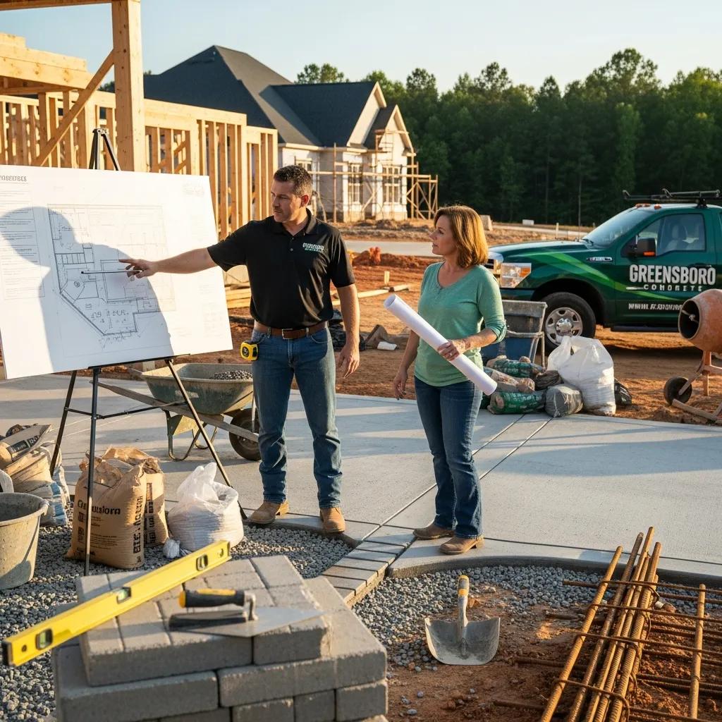 Contractor discussing concrete paving costs with a homeowner in Greensboro, NC